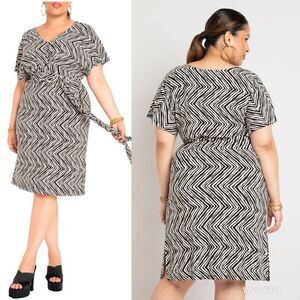 ELOQUII Plus Size V-Neck Wrap Around Dress in White Black Sand Dunes